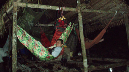 Preparing for sleep in the hut