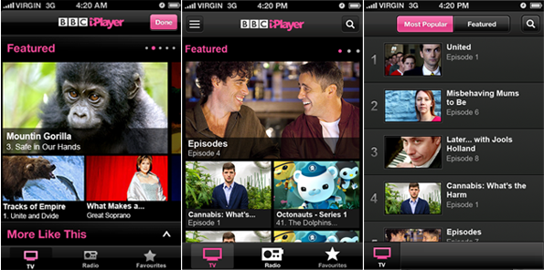 Three versions of the episodes screen, in portrait format, side by side.