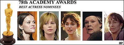  از راست: فليسيتی هافمن، جودی دنچ، کيرا نايتلی، شارليز ترون، ريز ويترسپون