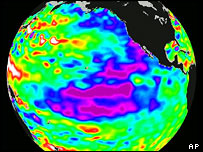 تصاوير ماهواره ای اختلاف در سطح درياها را با رنگ های مختلف نمايش می دهد
