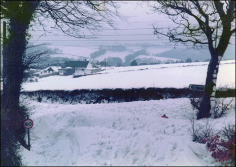 The snow covered landscape around Okehampton