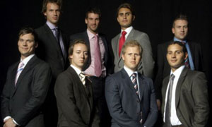 The Apprentice: (L-R front) Ian Stringer, Nicholas De Lacy Brown, Kevin Shaw, Michael Sophocles, (L-R back) Alex Wotherspoon, Lee McQueen, Raef Bjayal and Simon Smith 