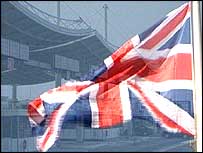 Union Jack flying over a picture of customs point