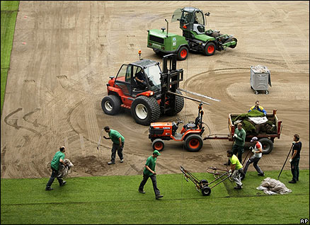 The pitch is relaid in the St Jakob Park stadium in Basel