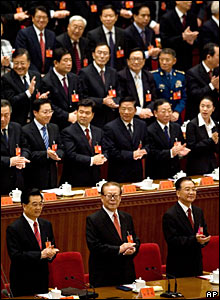 President Hu (l), Mr Jiang (centre) and Prime Minister Wen Jiabao at Congress.