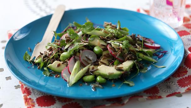 Wild rice salad with avocado and radish