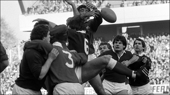 John Beattie (2nd right) shows his willingness to get involved at the lineout against Wales at Murrayfield in 1983. 