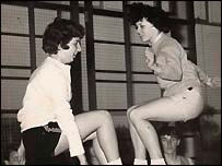 Susan Ratcliffe and another Susan on the trampoline