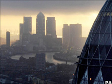 Gherkin building and Canary Wharf