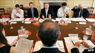 Tony Blair and David Miliband at meeting in the cabinet room