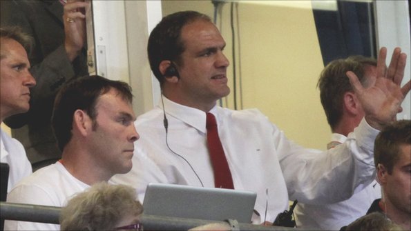 Martin Johnson (centre) expresses his anger watching England lose to Wales in their warm-up Test in Cardiff as forwards coach John Wells (left) looks on