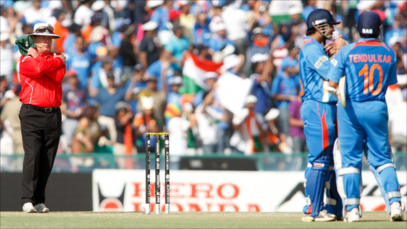 Ian Gould umpiring in the World Cup semi-final between India and Pakistan