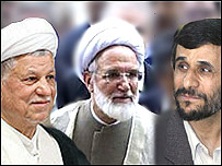 اکبر هاشمی رفسنجانی (چپ) و مهدی کروبی به طور جداگانه نسبت به نتيجه انتخاباتی که محمود احمدی نژاد (راست) در آن پيروز شد اعتراض کردند