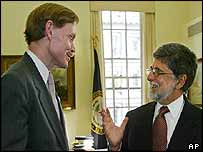 Ngoại trưởng Brazil, Celso Amorim (phải), gặp Đại diện thương mại Mỹ, Robert Zoellick (trái)