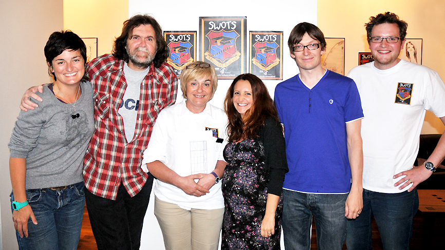 Photographs from the recording of Swots at the CCA, Glasgow, 2010. From left to right: Zoe Lyons, Phil Differ, Susan Morrison, Lucy Porter, David Kay and Miles Jupp.
