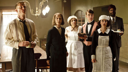 L-R: Harry Spargo (Neil Jackson), Rose Buck (Jean Marsh), Mrs Thackeray (Anne Reid), Johnny Proude (Nico Mirallegro), Ivy Morris (Ellie Kendrick) and Mr Amanjit (Art Malik) 