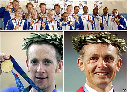 Britain's gold medallists from Athens - (top back row l-r) Matthew Pinsent, James Cracknell, Ed Coode, Steve Williams, Chris Hoy, Ben Ainslie, Darren Campbell, Marlon Devonish, Mark Lewis Francis, Jason Gardner (front l-r)) Sarah Webb, Shirley Robertson, Sarah Ayton and Kelly Holmes, (bottom left) Bradley Wiggins and Leslie Law