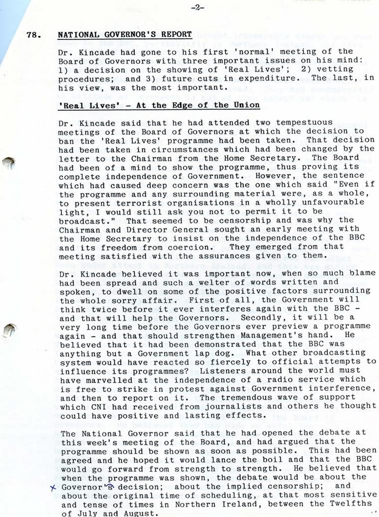 Extract of Minutes from Broadcasting Council Northern Ireland 6th September 1985