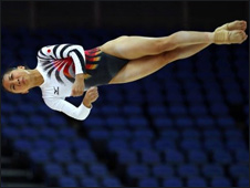 A Japanese gymnast at a training session at the London Olympics