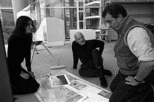 Anne Fehrenbach, French architect at Foster and Partners, Norman Foster and associate partner Alistair Lenczner debate how the viaduct should be lit at night