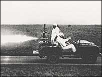 Land Rover spraying Zinc Cadmium Sulphide into the Wiltshire countryside