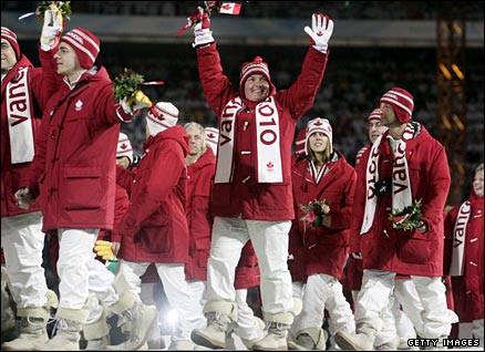 Canadian athletes show their support for Vancouver 2010 at the Turin Games