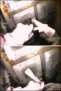 Astronautas testam o kit de reparação