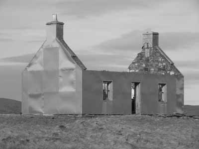 artwork metal clad ruin at Strumore, North Uist, which has since had metal removed