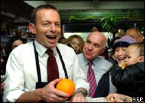 Tony Abbott, Liberal Party leader, at a fruit shop in Melbourne, 20 July 2010