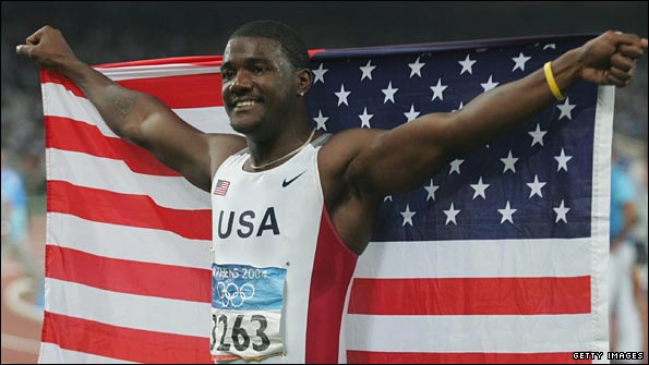 Gatlin celebrates 100m gold at 2004 Athens Olympics