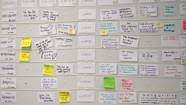 Wall of cards and post its, arranged in a grid of time by BBC TV Programme name