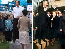 David Cameron and John Major speaking from soapboxes