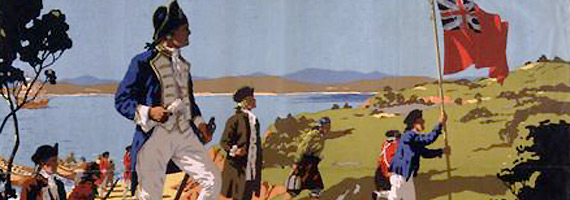 Travel poster showing Captain Cook at Botany Bay