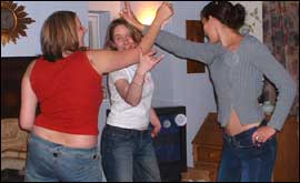 Action at a dance mat party 