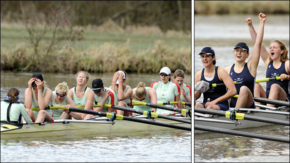 Cambridge are exhausted while Oxford celebrate victory in the 2010 women's Boat Race last Sunday - Photos: Peter Spurrier