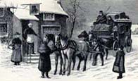 Winter scene showing a horse drawn carriage and passingers resting outside a snow covered house