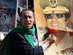 Hombre en Libia, junto a un retrato del presidente Gadafi