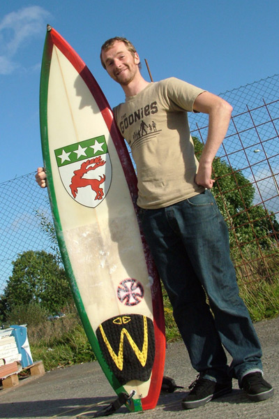 Stoked. 2nd hander, and and all fixed up. Jay adds the Doherty crest to his new shortboard. 07