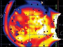Mapa de temperatura dos gases durante a colisão