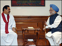 President Mahinda Rajapaksa at a meeting with Indian Prime Minister Manmohan Singh 