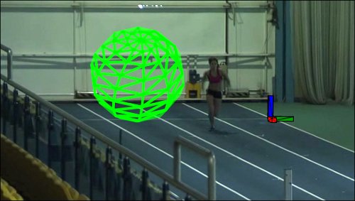 An early test of the app showing the virtual objects placed into the scene. In this version the ball rolled along next to the athlete.