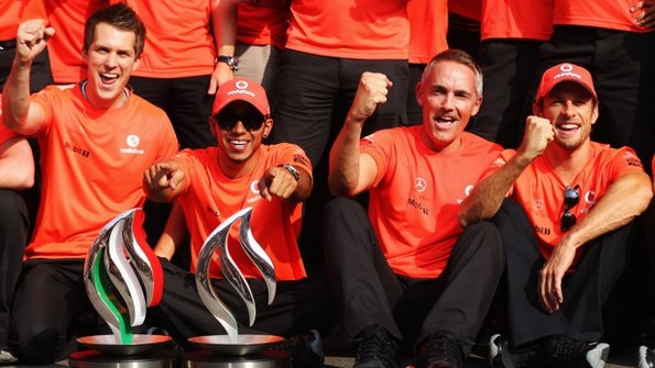 From second left - Lewis Hamilton, Martin Whitmarsh, Jenson Button