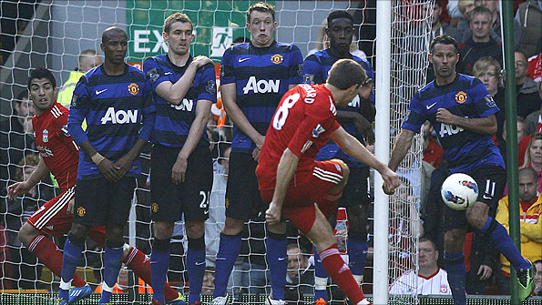 Ryan Giggs jumps out of the wall while defending a free-kick for Manchester United against Liverpool