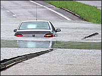 A car stuck in flood water on the A33 in summer 2007 - photo by David Gillingham