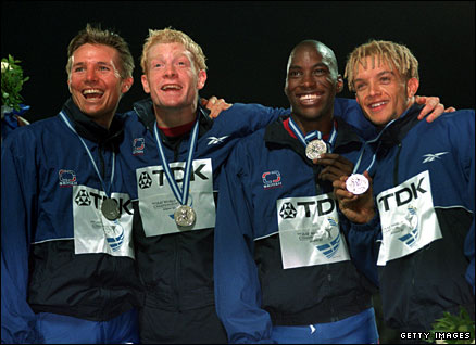 Roger Black, Iwan Thomas, Mark Richardson and Jamie Baulch with their silver medals at the 1997 World Athletics Championships