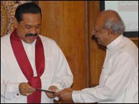 LSSP leader, Minister Tissa Vitharana (R) with President Rajapaksa