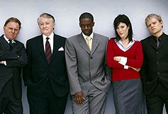 Picture Shows: ROBERT GLENISTER as Ash Morgan, ROBERT VAUGHN as Albert Stroller, ADRIAN LESTER as Mickey Bricks, JAIME MURRAY as Stacie Monroe in BBC ONE's Hustle © BBC/Amanda Searle