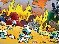 Na propaganda, o vilarejo dos personagens é destruído por um ataque aéreo