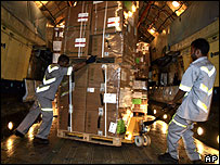 UN aid bound for Burma is loaded onto a Russian aircraft in United Arab Emirates