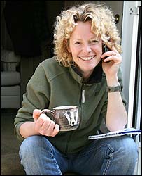 Kate Humble enjoys a cuppa in her trailer